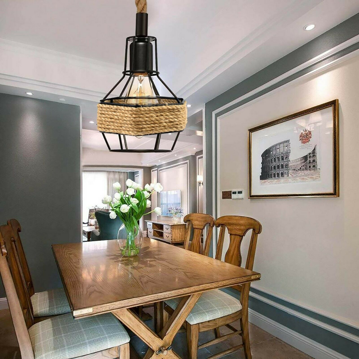 Vintage Pendant Shade Modern Hanging Retro Lighting Industrial Metal Hemp Ceiling~2708