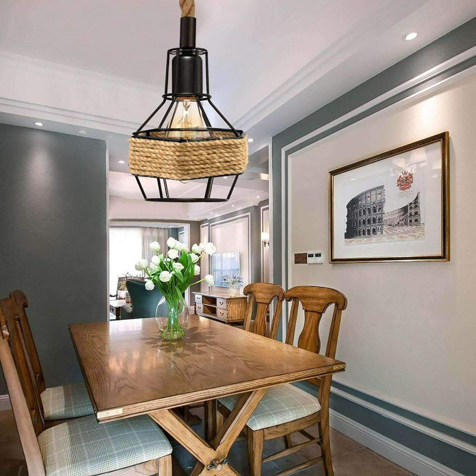 Vintage Pendant Shade Modern Hanging Retro Lighting Industrial Metal Hemp Ceiling~2708