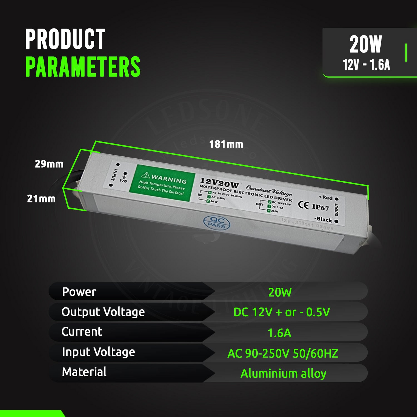 Waterproof DC12V IP67 20W LED Driver Power Supply Transformer ~ 3362