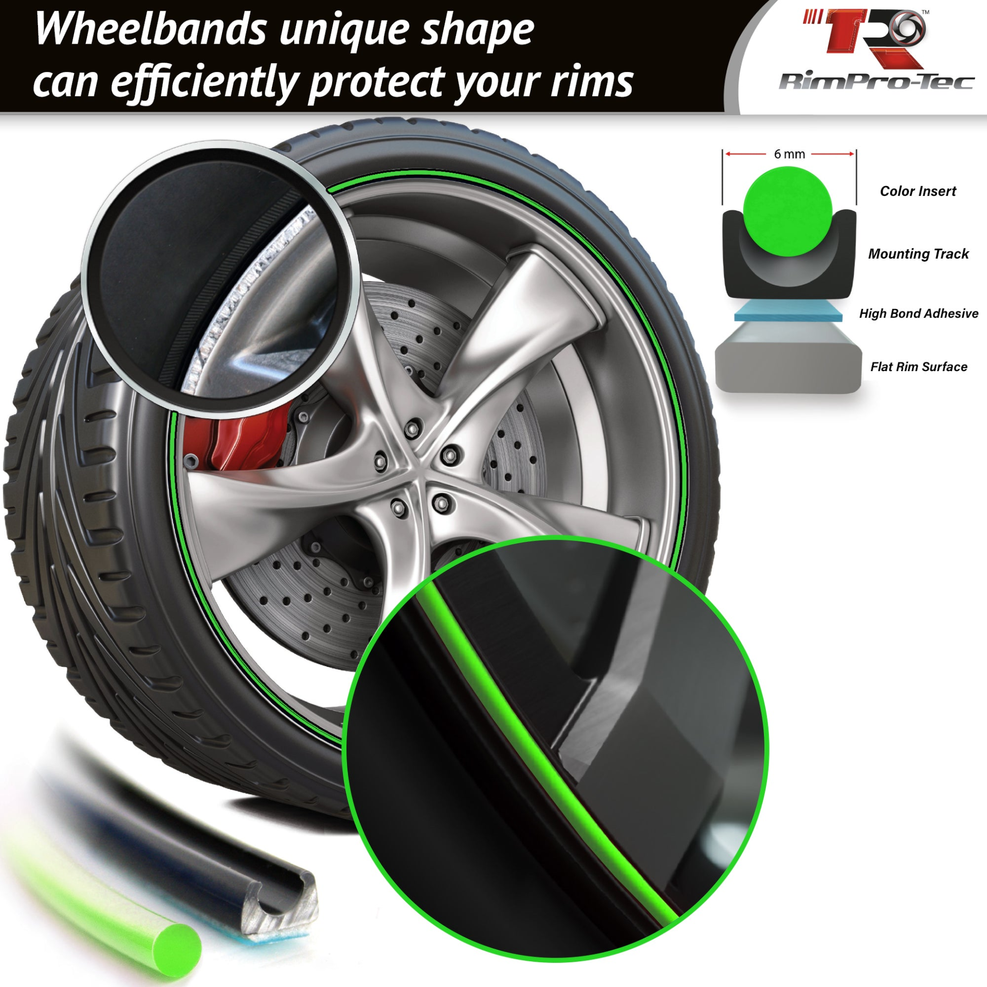 4x Black Base's 4x Lime Green Pinstripe's / RimPro-Tec® Wheelbands™ car wheel styling kit