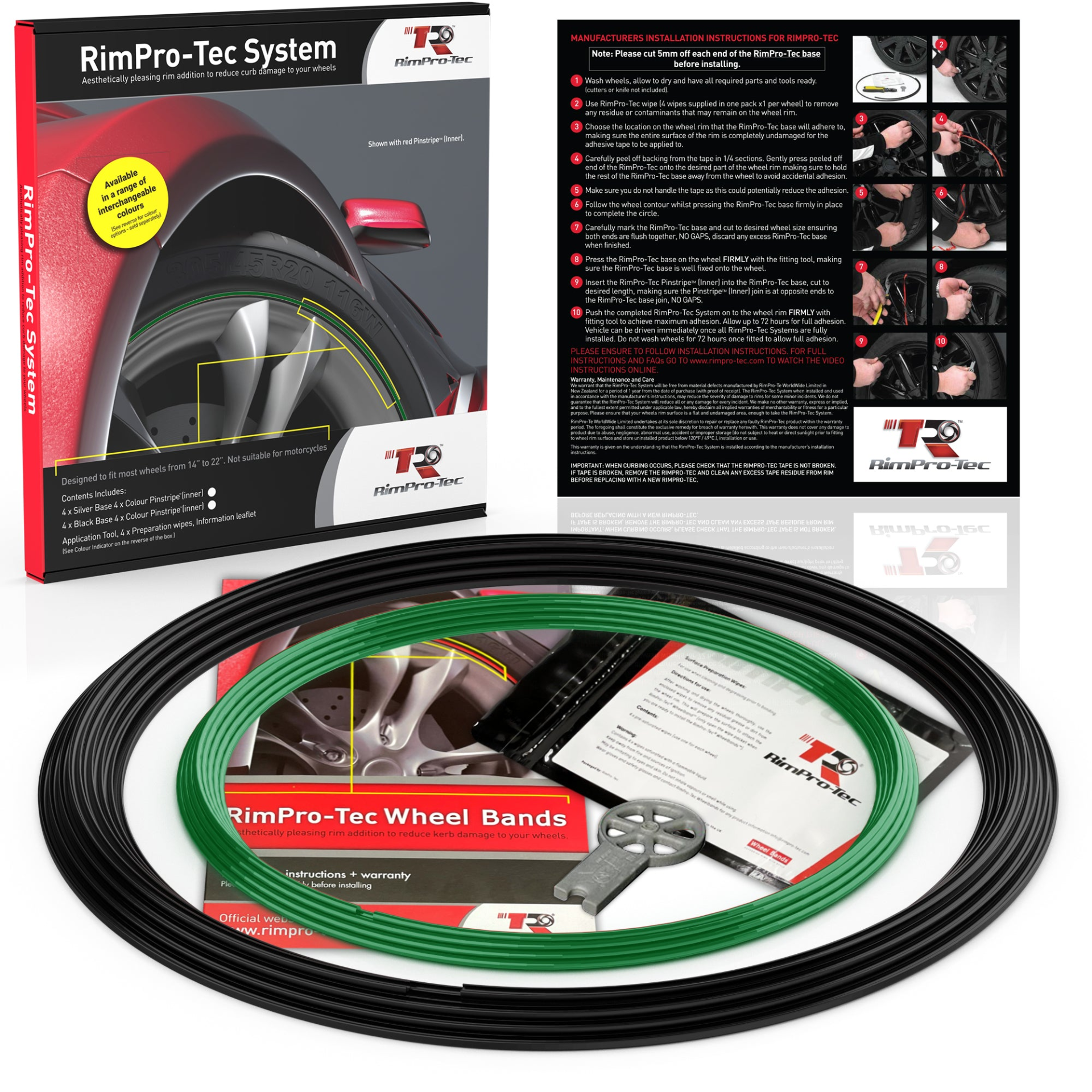 4x Black Base's 4x Dark Green  Pinstripe's / RimPro-Tec® Wheelbands™ car wheel styling kit