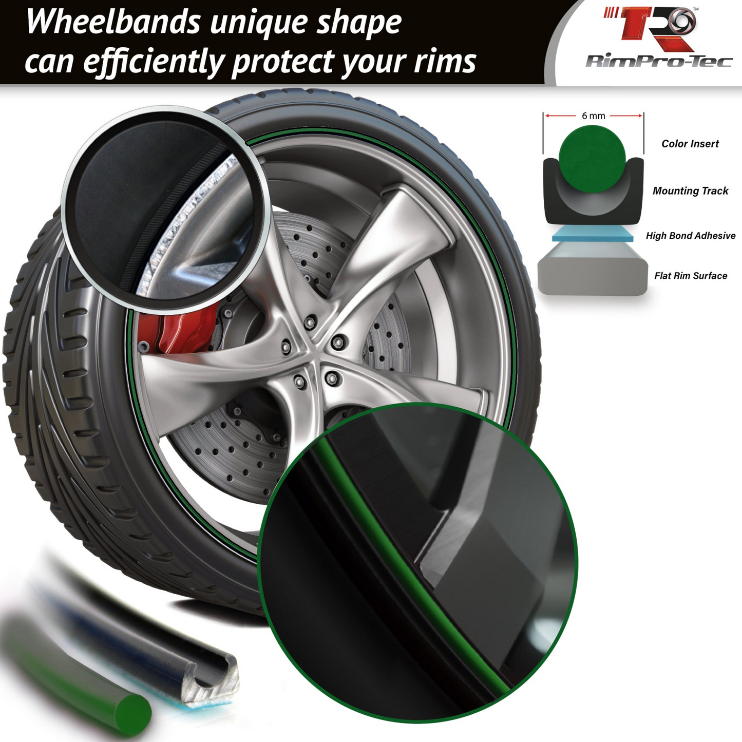 4x Black Base's 4x Dark Green  Pinstripe's / RimPro-Tec® Wheelbands™ car wheel styling kit