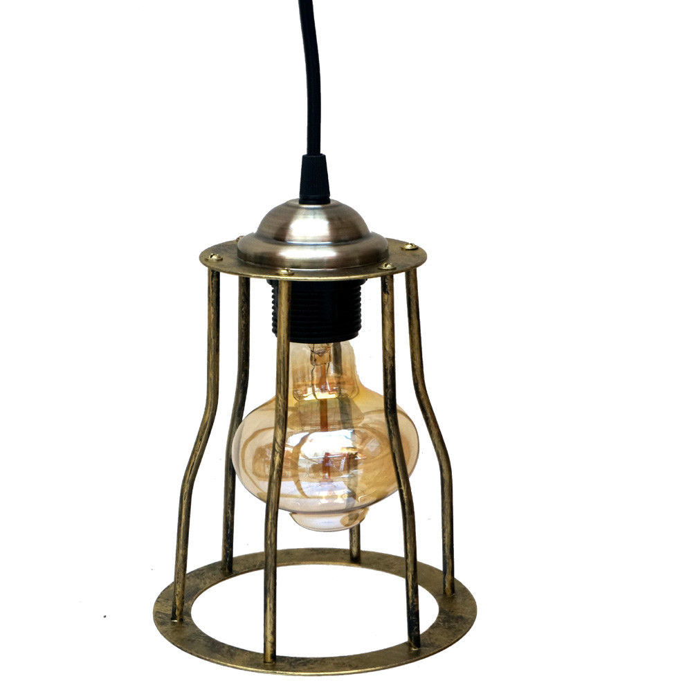 Vintage Ceiling Hanging Pendant Brass Lamp Wire Cage~3164