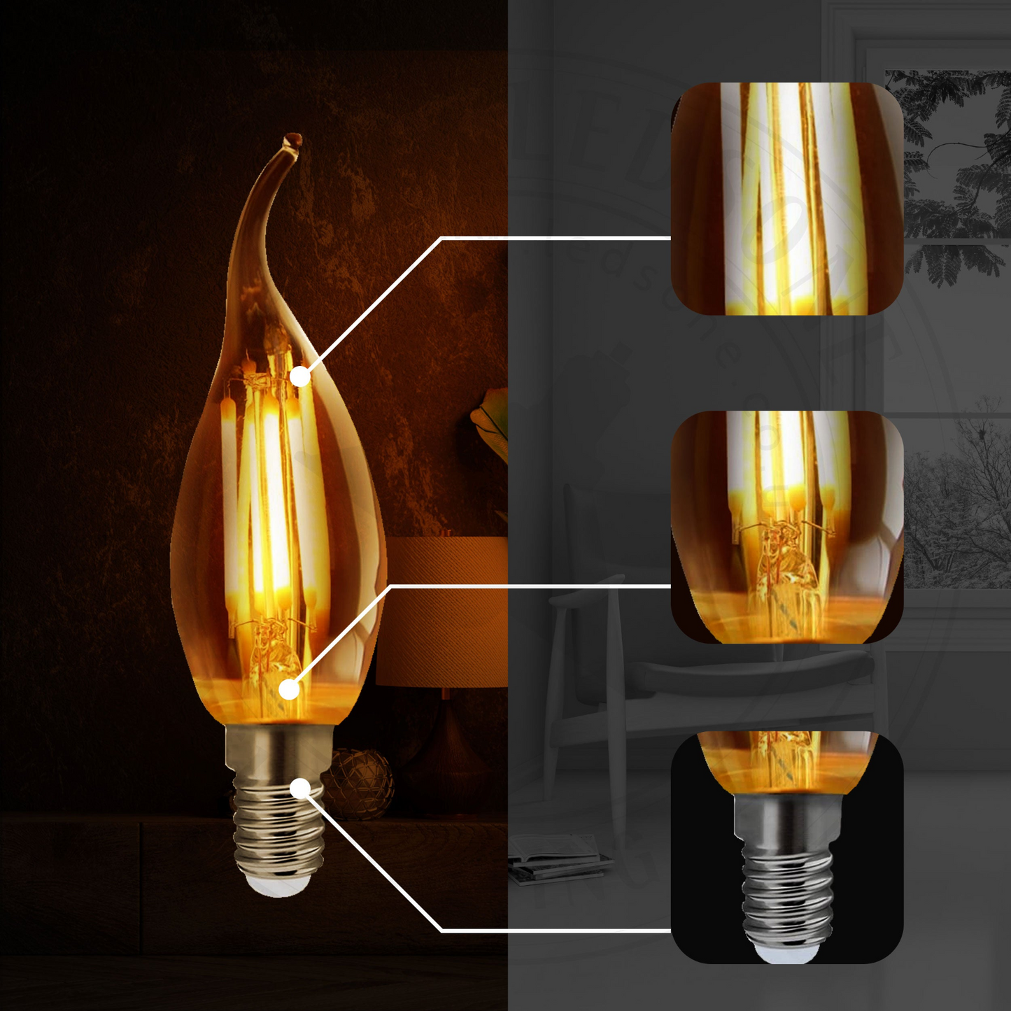 Dimmable E14 LED candle bulb Filament C35 vintage design 4W ~3220