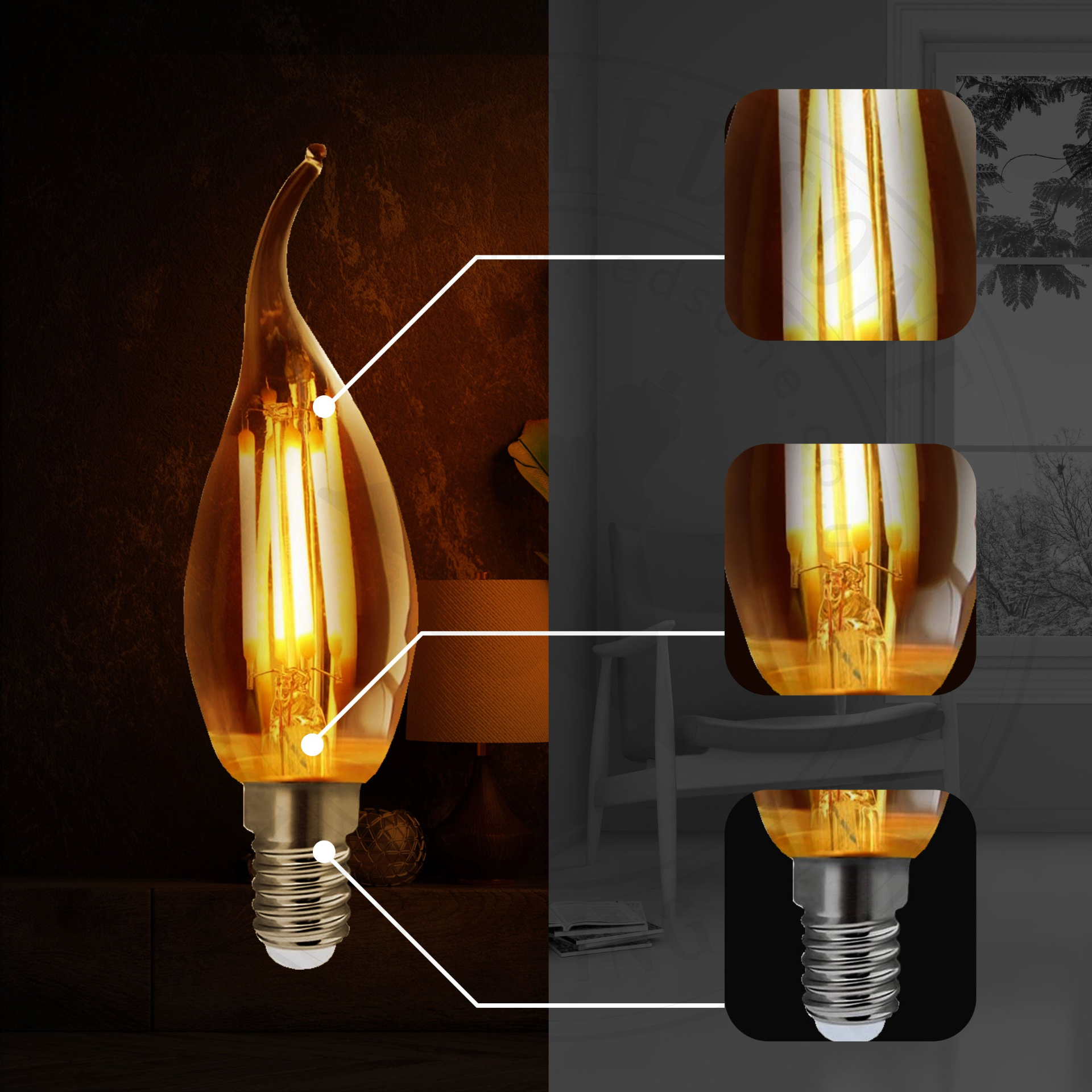 Dimmable E14 LED candle bulb Filament C35 vintage design 4W ~3220