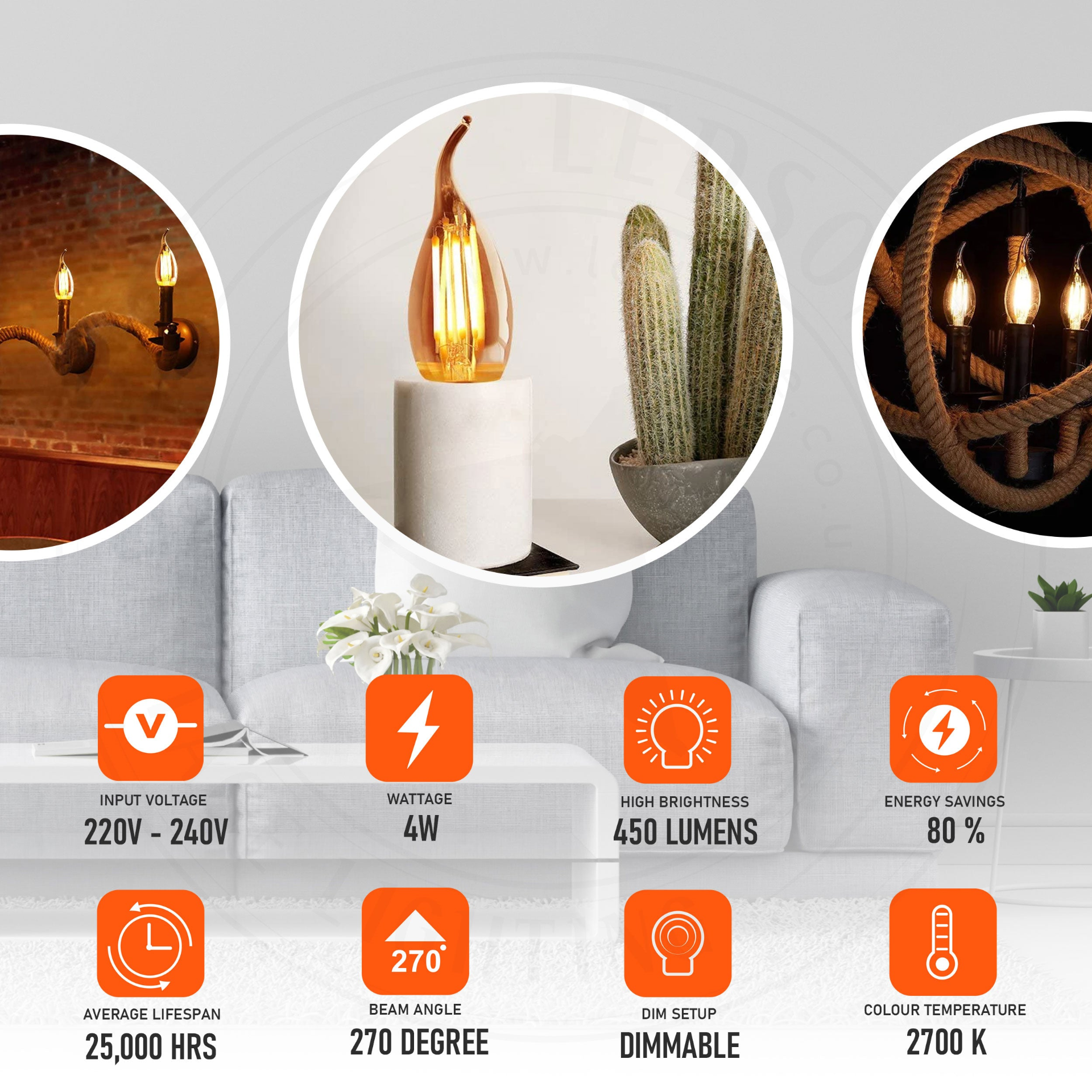 Dimmable E14 LED candle bulb Filament C35 vintage design 4W ~3220
