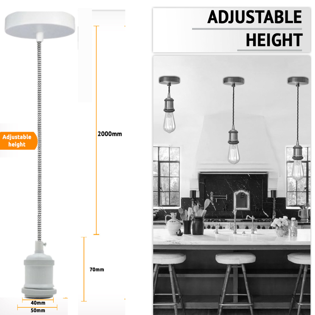 Vintage White Metal Ceiling Fitting Black &White Round Braided Flex 2m E27 Lamp Holder Pendant Light~3819