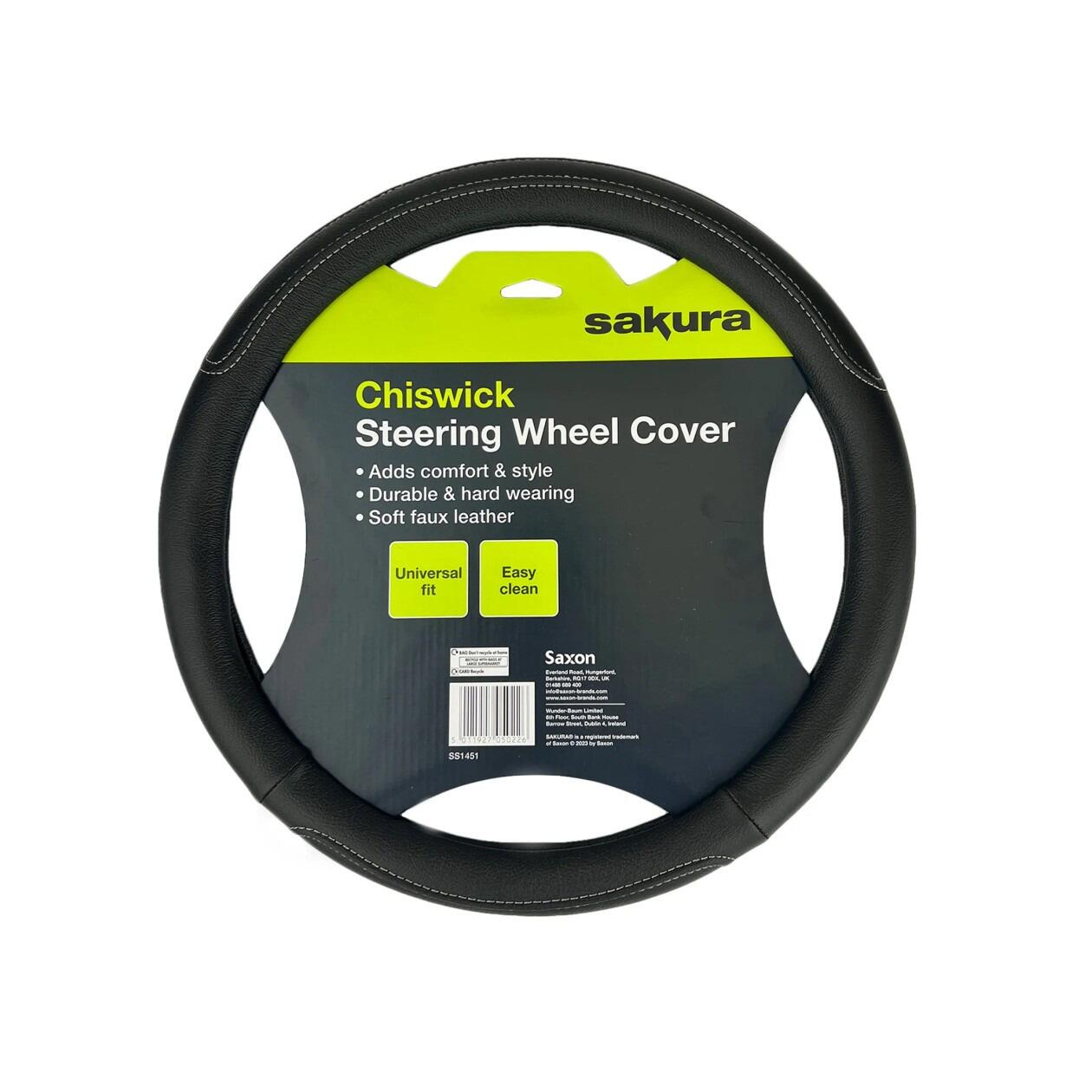 Sakura Chiswick Steering Wheel Cover - Black Faux Leather, Universal Fit