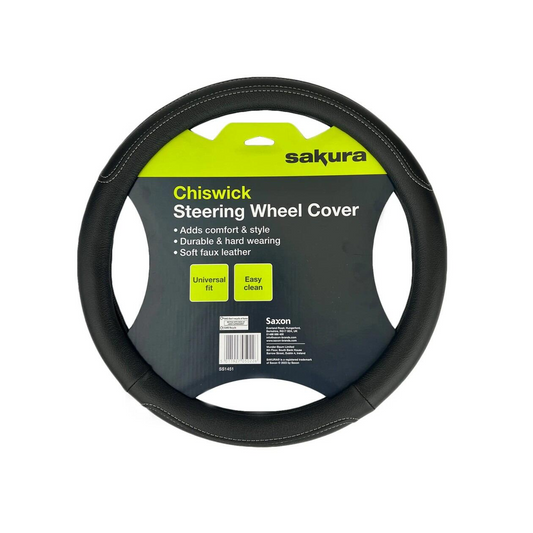 Sakura Chiswick Steering Wheel Cover - Black Faux Leather, Universal Fit