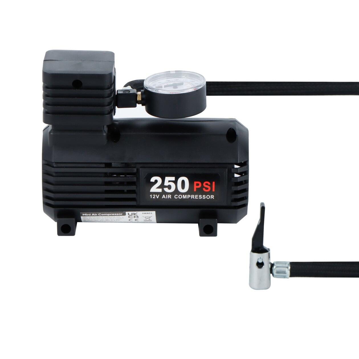 250PSI 12V Compact Analogue Air Compressor with Multi-Purpose Nozzle Adaptors