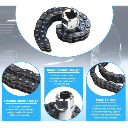 Double Chain Oil Filter Wrench 1/2" Drive - Heavy Duty Filter Remover Tool