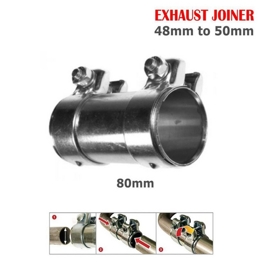 Heavy Duty Adjustable Car Exhaust Pipe Connector Joiner Clamp - 48mm to 50mm, 80mm