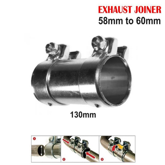 Heavy Duty Adjustable Car Exhaust Pipe Connector Joiner Clamp - 58mm to 60mm, 130mm