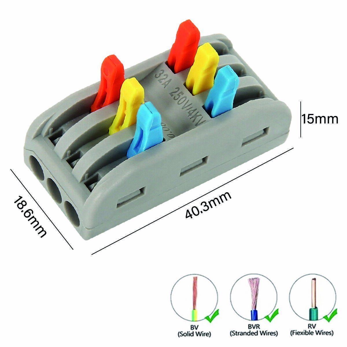 3 Way Electrical Connectors Wire Block Clamp Clips Fast Cable Reusable Lever~2038