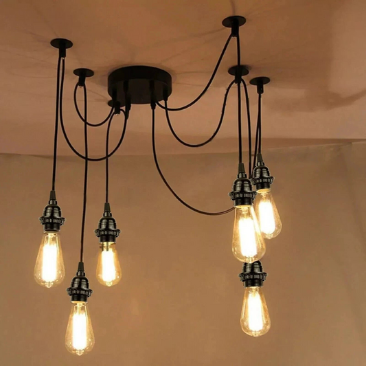 LEDSone 6 Way Industrial Black Pendant Light Spider with Rubber Cable Metal Lamp Holder~1775