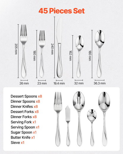 VEVOR 45-Piece Silverware Set Stainless Steel Cutlery Flatware Utensils for 8