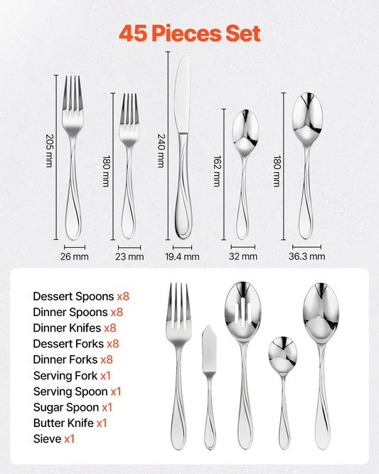 VEVOR 45-Piece Silverware Set Stainless Steel Cutlery Flatware Utensils for 8