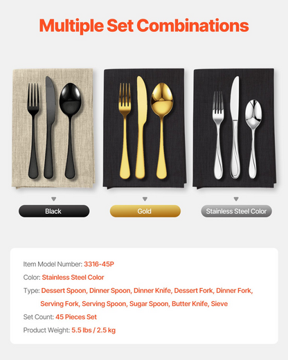 VEVOR 45-Piece Silverware Set Stainless Steel Cutlery Flatware Utensils for 8