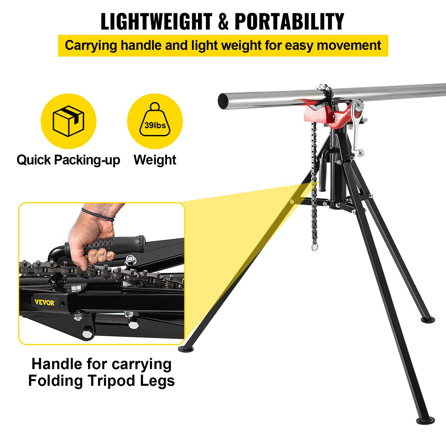 VEVOR Tripod Pipe Chain Vise | 0.3175-12.7 cm Pipe Capacity | 92.5 cm Length | Portable Folding Steel Legs | Grab, Support, and Bend Pipes | Ideal for Factory, Workshop, and Home Use