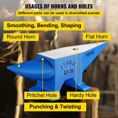 VEVOR Pro Horn Anvil 30KG/66.1LBS Weight Steel Anvil Blacksmith Blacksmith Anvil, Portable Rugged Cast Iron Anvil Blacksmith Anvil Stable Workbench Blacksmith Forge Anvil Tool