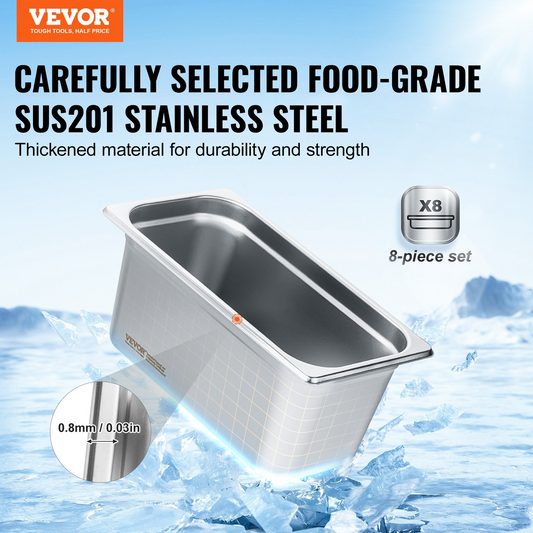 VEVOR 8 Pack 1/3 Size Hotel Pans Steam Table Pan Stainless Steel 6" Deep Lid