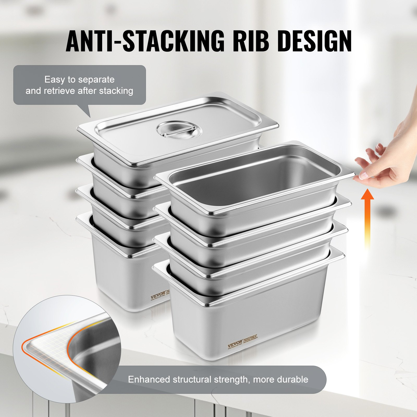 VEVOR 8 Pack 1/3 Size Hotel Pans Steam Table Pan Stainless Steel 6" Deep Lid