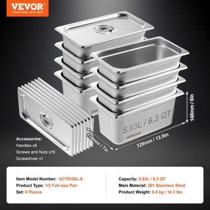 VEVOR 8 Pack 1/3 Size Hotel Pans Steam Table Pan Stainless Steel 6" Deep Lid