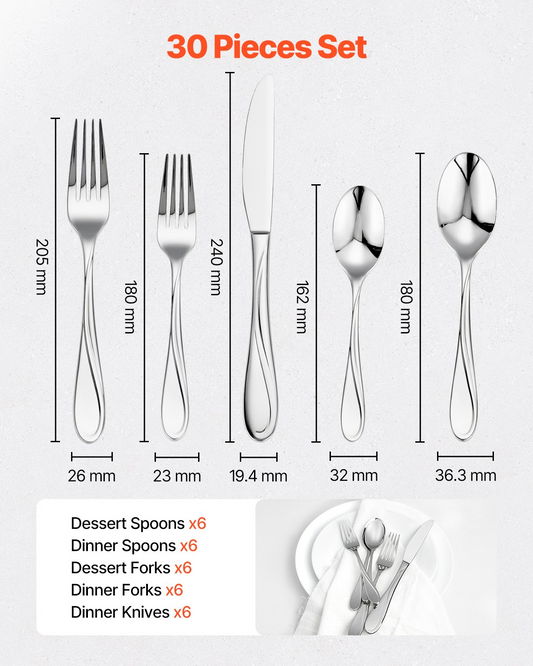 VEVOR 30-Piece Silverware Set Stainless Steel Cutlery Flatware Utensils for 6