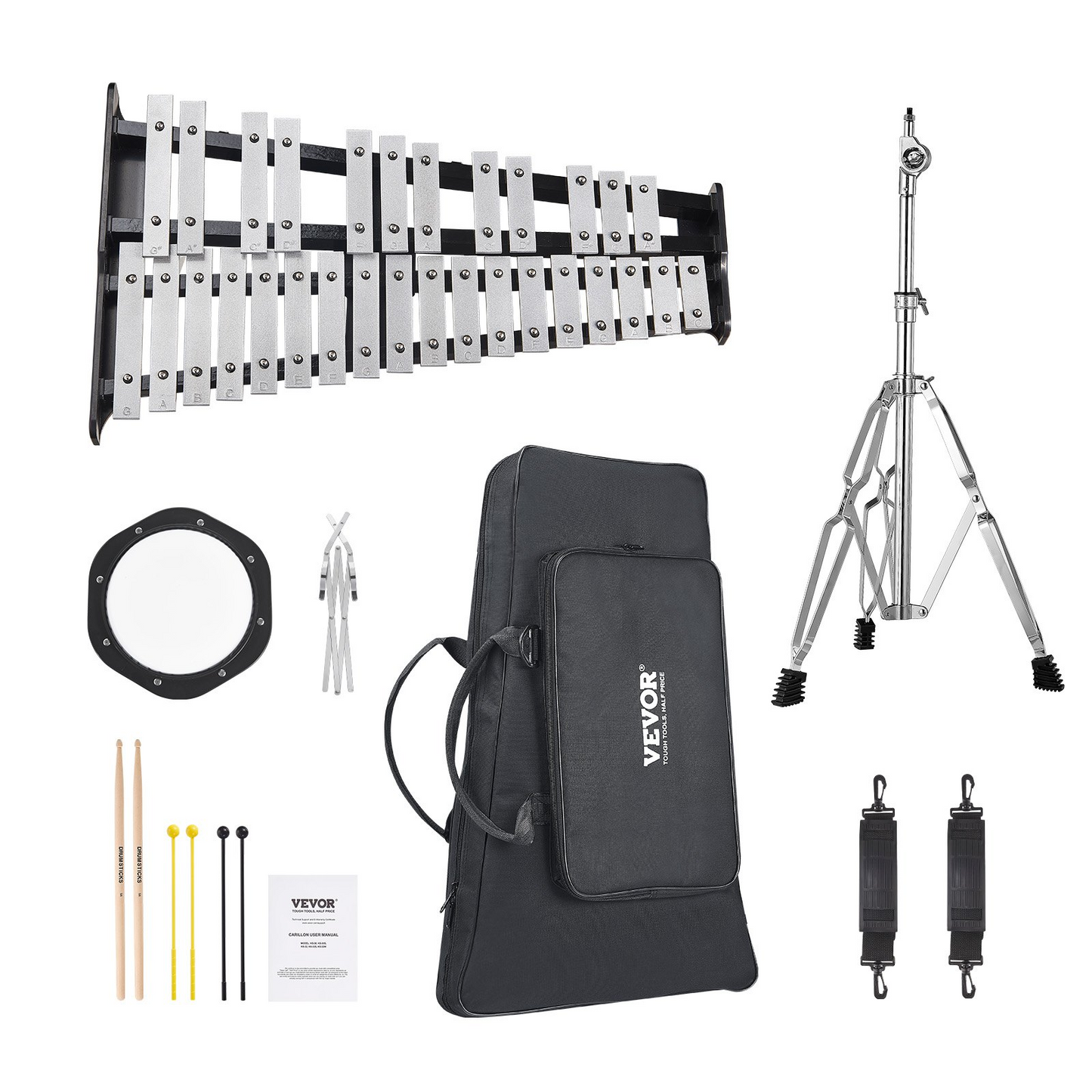 VEVOR 30 Note Glockenspiel Xylophone Bell Kit with Mallets, Stand & Practice Pad