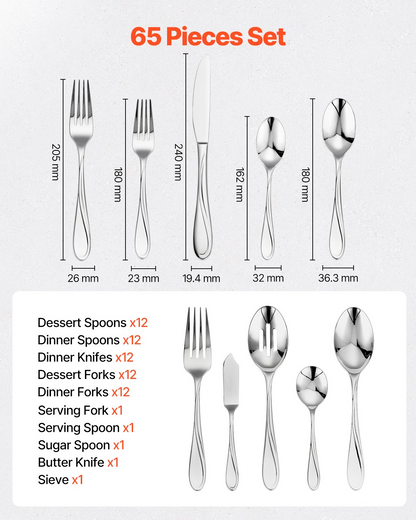 VEVOR 65-Piece Silverware Set Stainless Steel Cutlery Flatware Utensils for 12