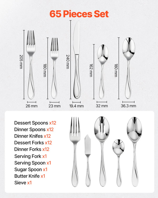 VEVOR 65-Piece Silverware Set Stainless Steel Cutlery Flatware Utensils for 12