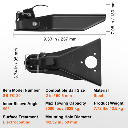 VEVOR A-Frame Trailer Coupler, Fits 2-Inch Hitch Ball Size, 8000 lbs Towing Capacity, Heavy Duty Steel Coupler, Ideal for Towing Station Wagons, Pickup Trucks, SUVs, Campers, Black Coating Surface