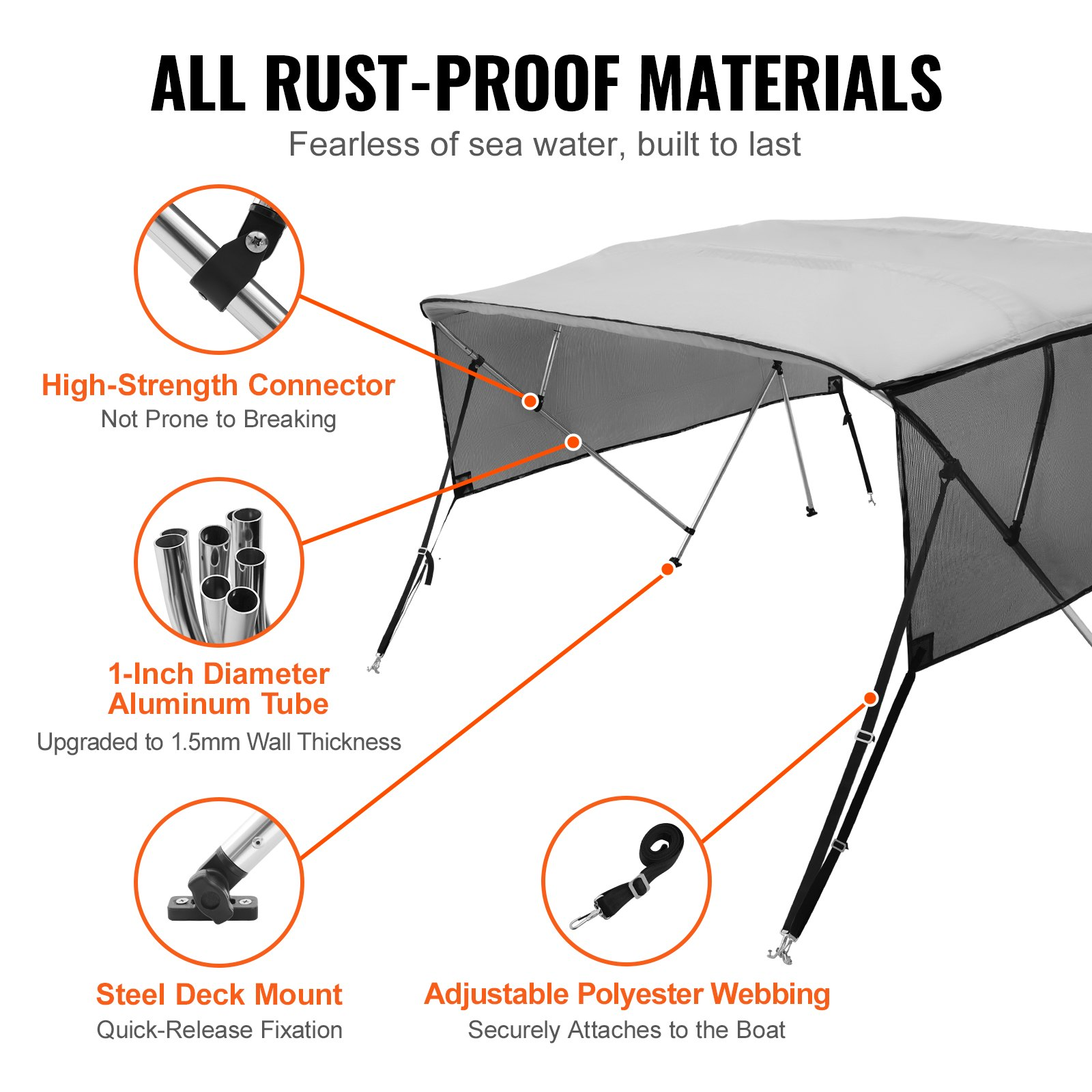 VEVOR 4 Bow Bimini Top Boat Cover, Detachable Mesh Sidewalls, 600D Polyester Canopy with 1" Aluminum Alloy Frame, Includes Storage Boot, 2 Support Poles, 2 Straps, 8'L x 54"H x 91"-96"W, Light Grey