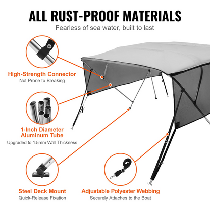 VEVOR 4 Bow Bimini Top Boat Cover, Detachable Mesh Sidewalls, 600D Polyester Canopy with 1" Aluminum Alloy Frame, Includes Storage Boot, 2 Support Poles, 2 Straps, 8'L x 54"H x 91"-96"W, Light Grey