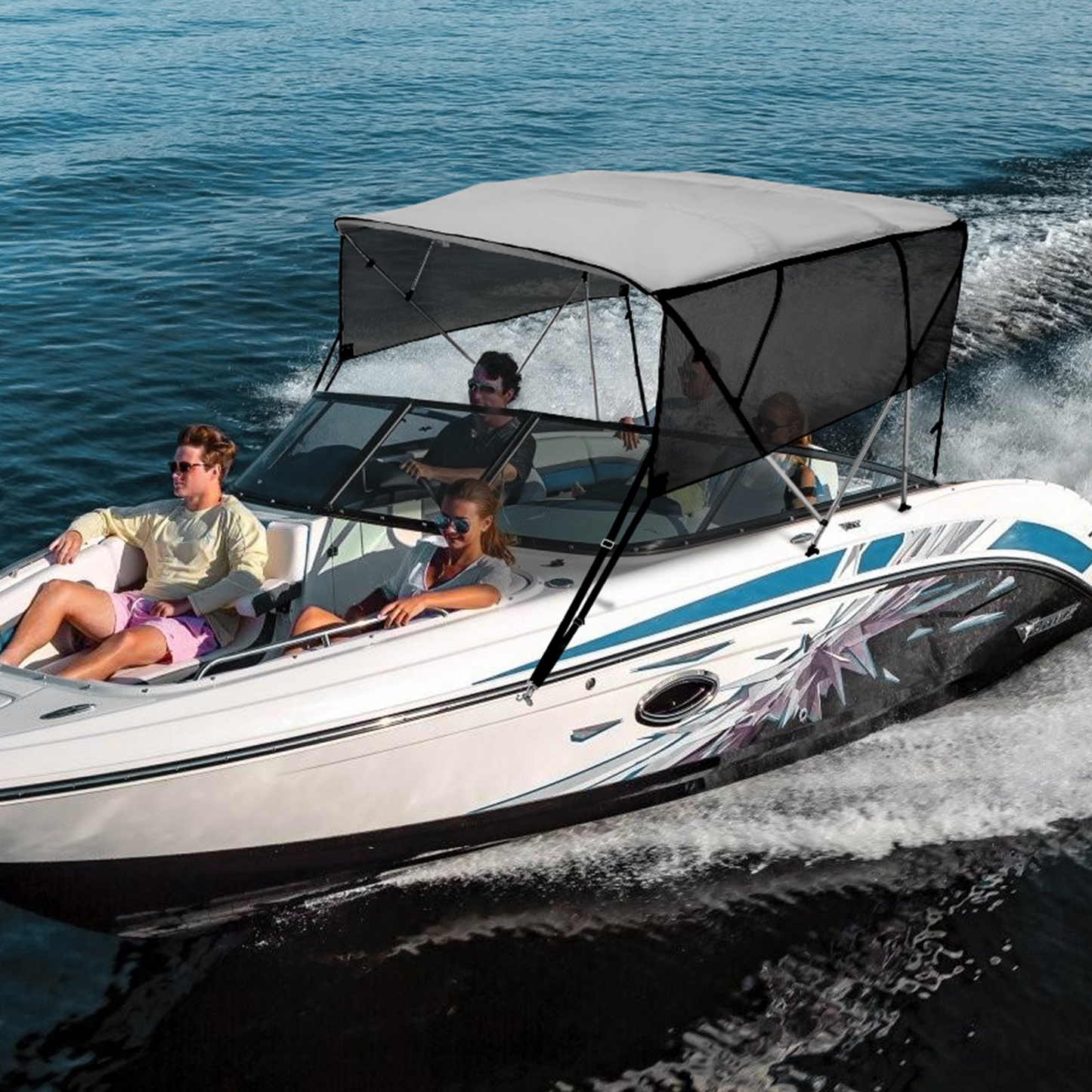 VEVOR 4 Bow Bimini Top Boat Cover, Detachable Mesh Sidewalls, 600D Polyester Canopy with 1" Aluminum Alloy Frame, Includes Storage Boot, 2 Support Poles, 2 Straps, 8'L x 54"H x 91"-96"W, Light Grey