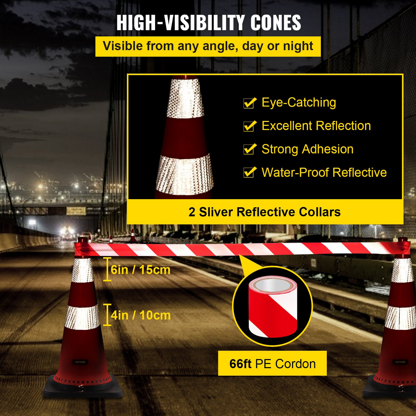 VEVOR Safety Cones Traffic Cones 8 x 30" Orange Reflective Collars Road Cones