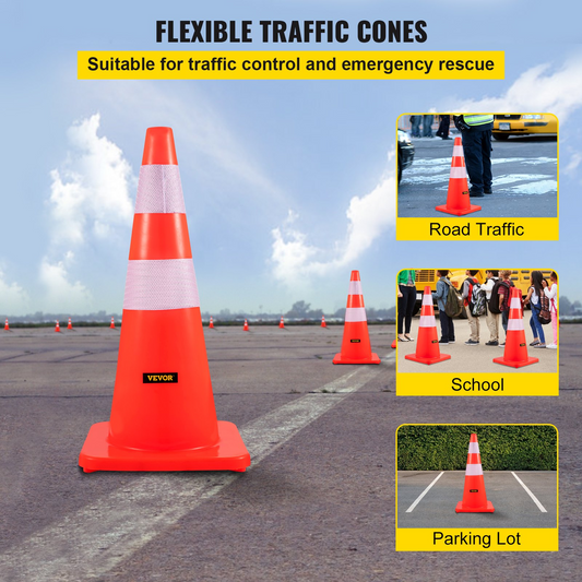 VEVOR Safety Cones, 28 in/73 cm Height, 12 PCS PVC Orange Traffic Cone with 2 Reflective Collars and Weighted Base, Used for Traffic Control, Driveway Road Parking and School Improvement