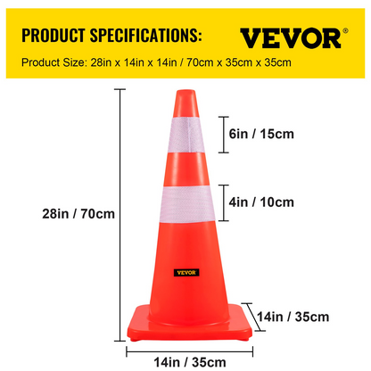 VEVOR Safety Cones, 28 in/73 cm Height, 12 PCS PVC Orange Traffic Cone with 2 Reflective Collars and Weighted Base, Used for Traffic Control, Driveway Road Parking and School Improvement