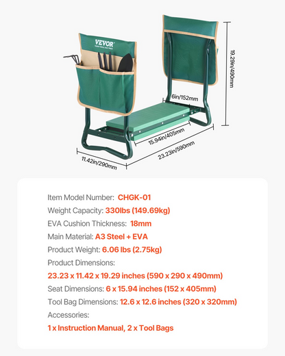 VEVOR Garden Kneeler and Seat 6" Wide Pad 330lbs Capacity Folding Garden Stool