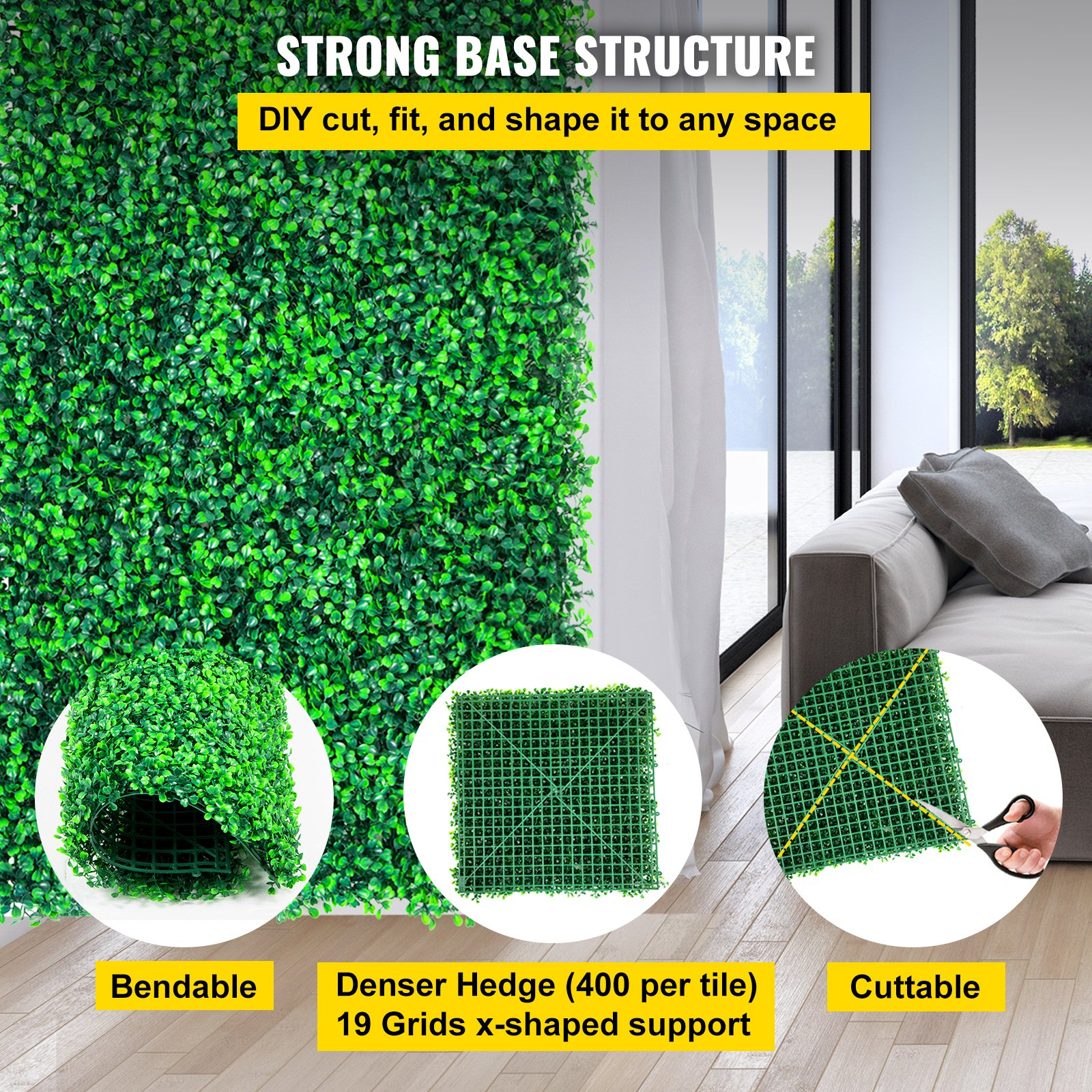 VEVOR Artificial Boxwood Panel UV 20" X 20" Boxwood Hedge Wall Panels, Artificial Grass Backdrop Wall 4 cm Green Grass Wall, Fake Hedge for Decor Privacy Fence Indoor, Outdoor Garden Backyard (12Pack)