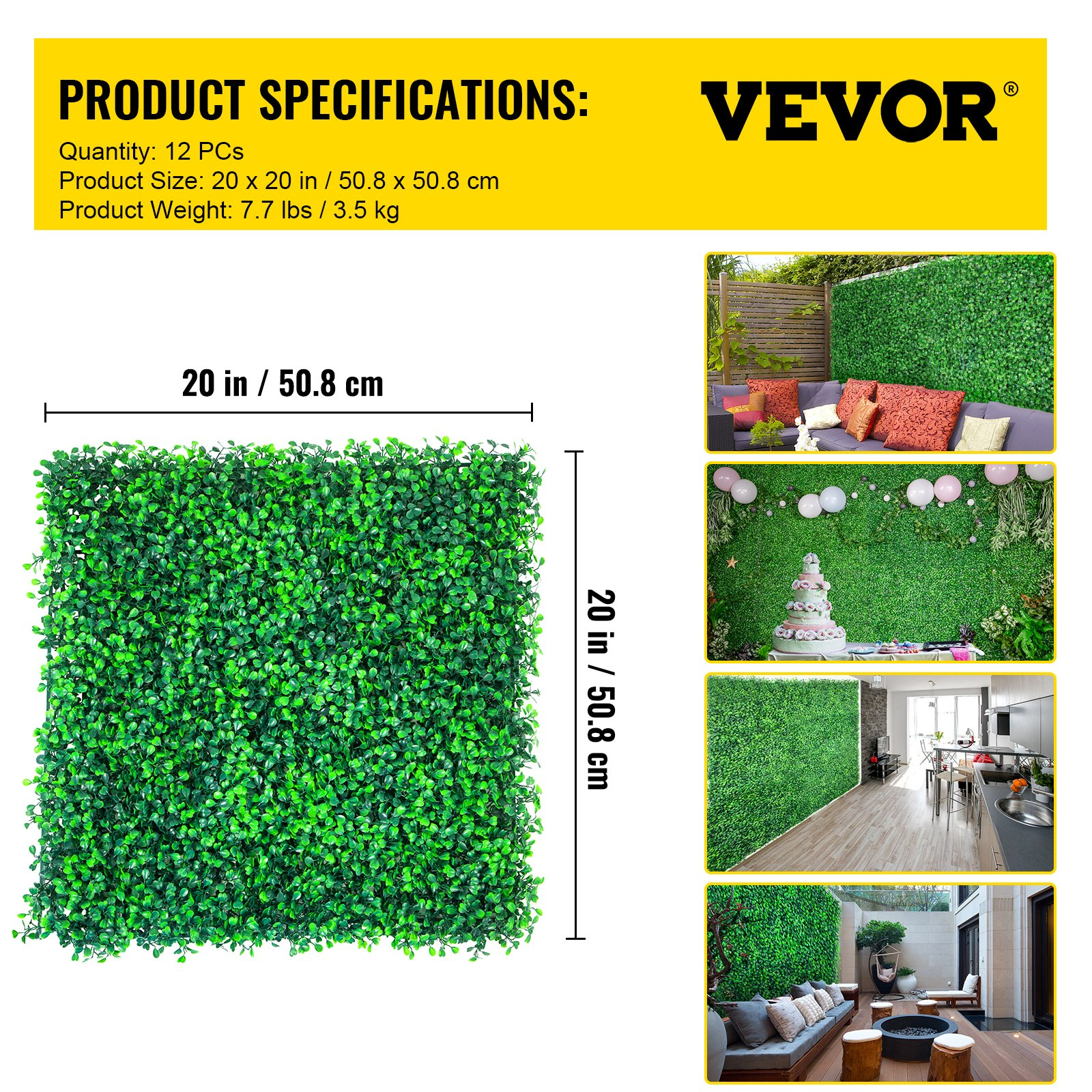 VEVOR Artificial Boxwood Panel UV 20" X 20" Boxwood Hedge Wall Panels, Artificial Grass Backdrop Wall 4 cm Green Grass Wall, Fake Hedge for Decor Privacy Fence Indoor, Outdoor Garden Backyard (12Pack)