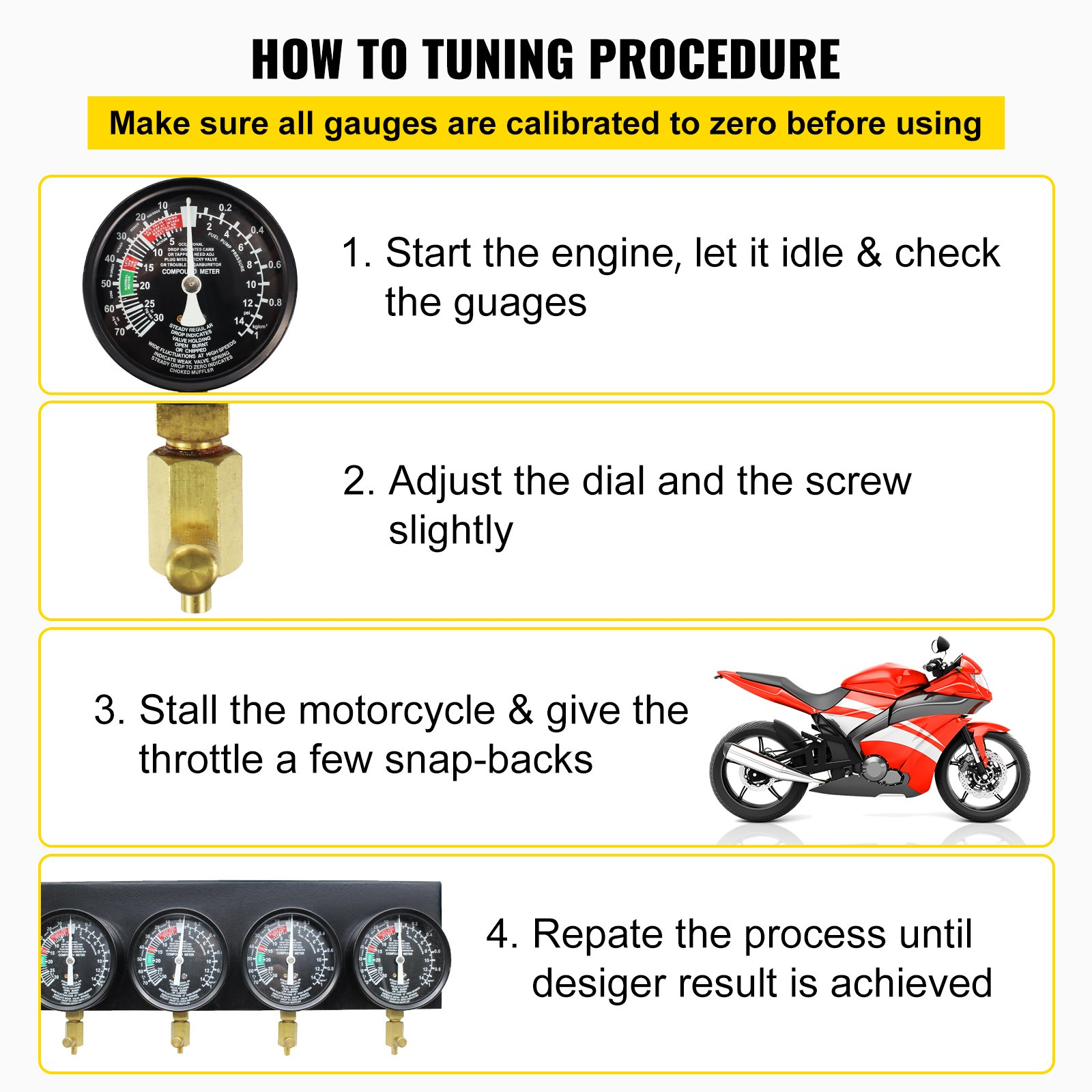 Motorcycle Fuel Vacuum Carburetor Synchronizer Carb Sync 4 Gauges Balancer Kit