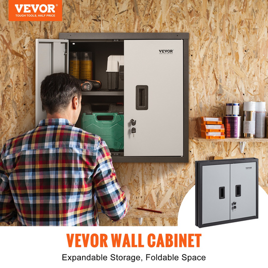 VEVOR Foldable Wall Cabinet, Metal Garage Locker Mounted 660 mm Small Tool Chest 108.8 kg Loading Capacity Adjustable Shelf Magnetic Door File for Warehouse Office Home Black