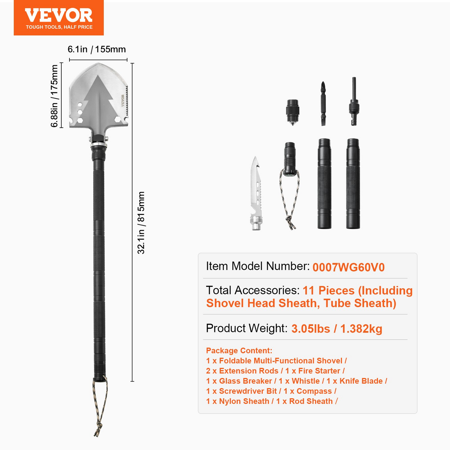 VEVOR Survival Shovel 11 in 1 Camping Shovel Folding Multitool Portable Compact