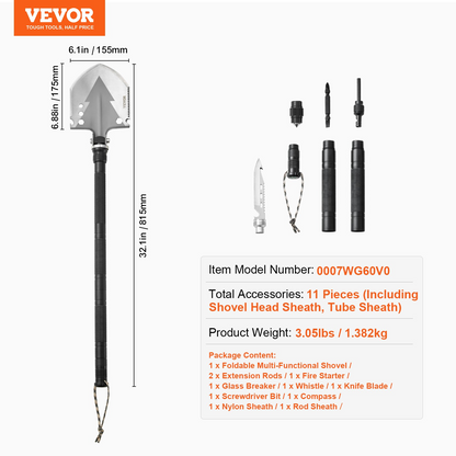 VEVOR Survival Shovel 11 in 1 Camping Shovel Folding Multitool Portable Compact