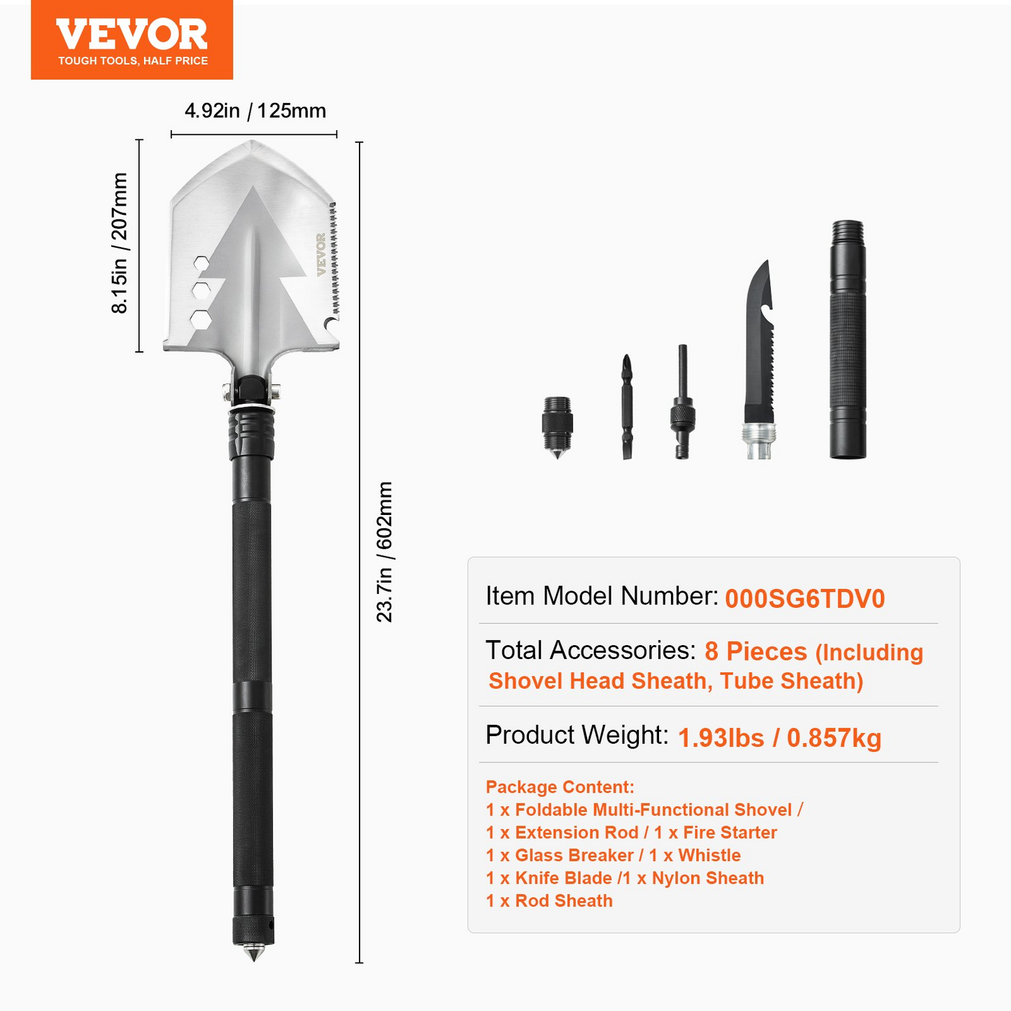 VEVOR Survival Shovel 8 in 1 Camping Shovel Folding Multitool Portable Compact