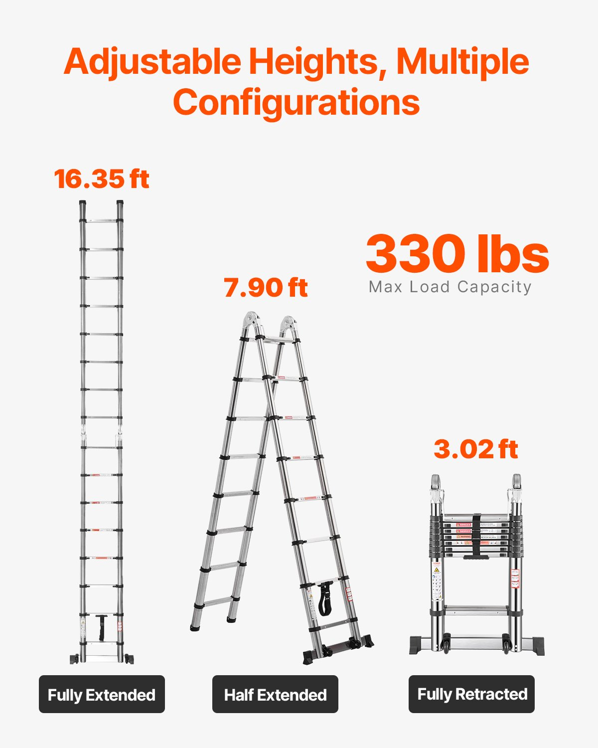 VEVOR Telescoping Ladder A-Frame Stainless Steel 16.5 ft Extension Ladders
