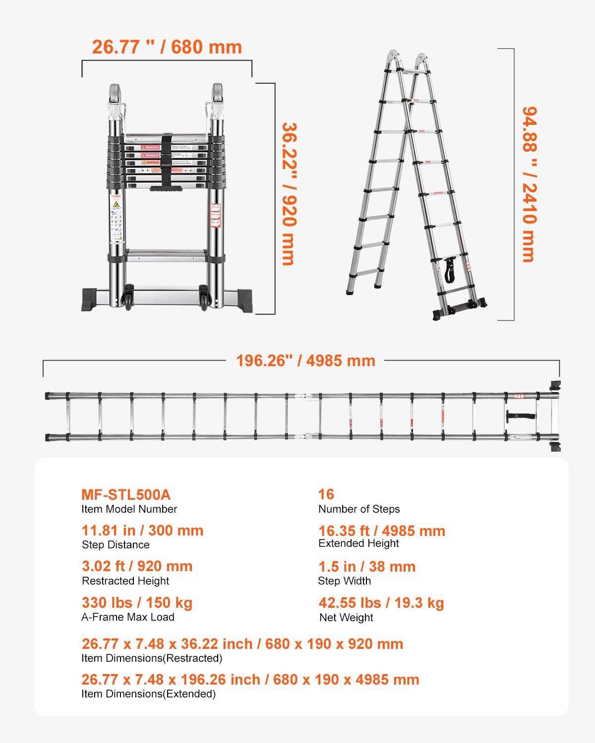VEVOR Telescoping Ladder A-Frame Stainless Steel 16.5 ft Extension Ladders