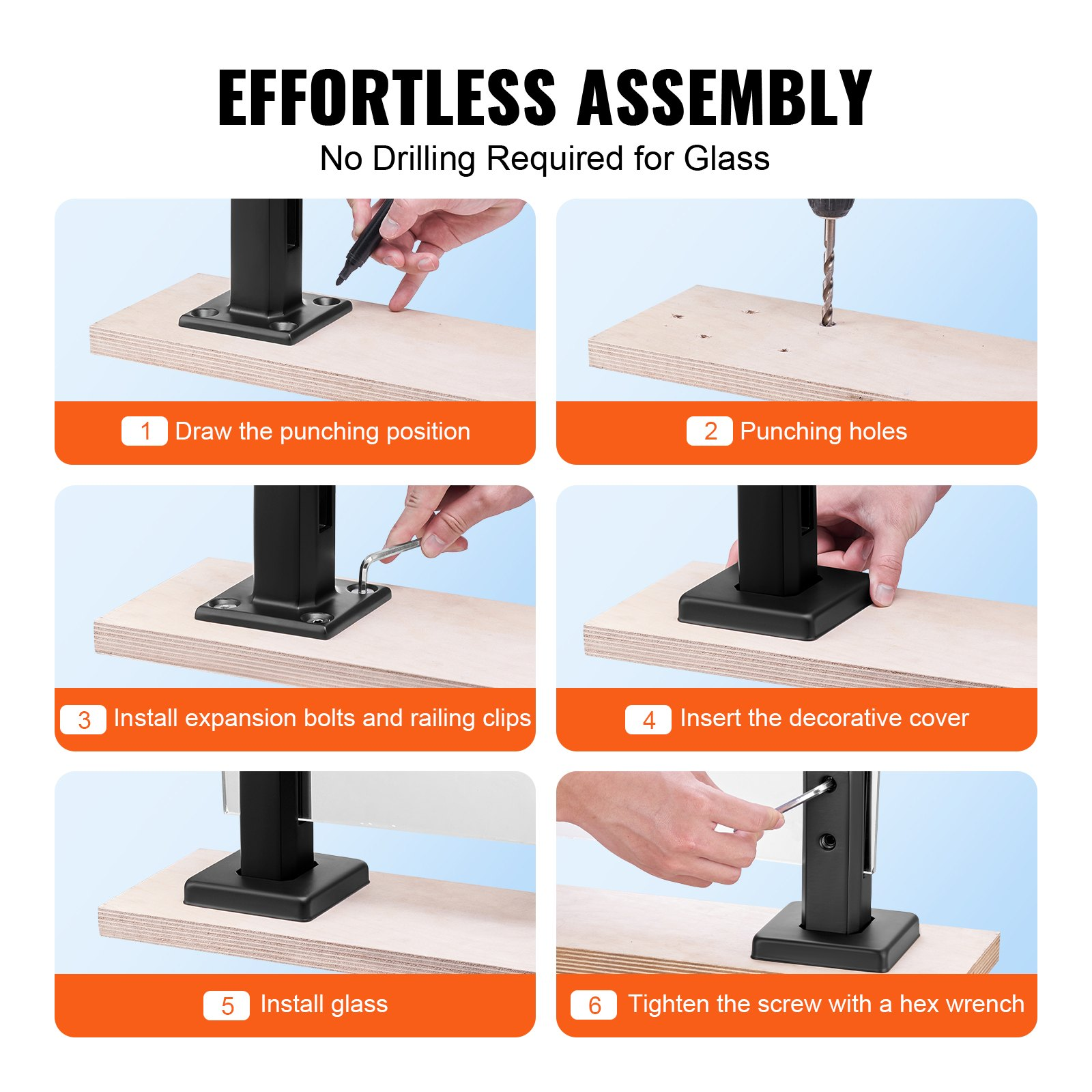 VEVOR Glass Clamp 10 PCS Square Railing Bracket for 0.31 "-0.47 " Glass Black