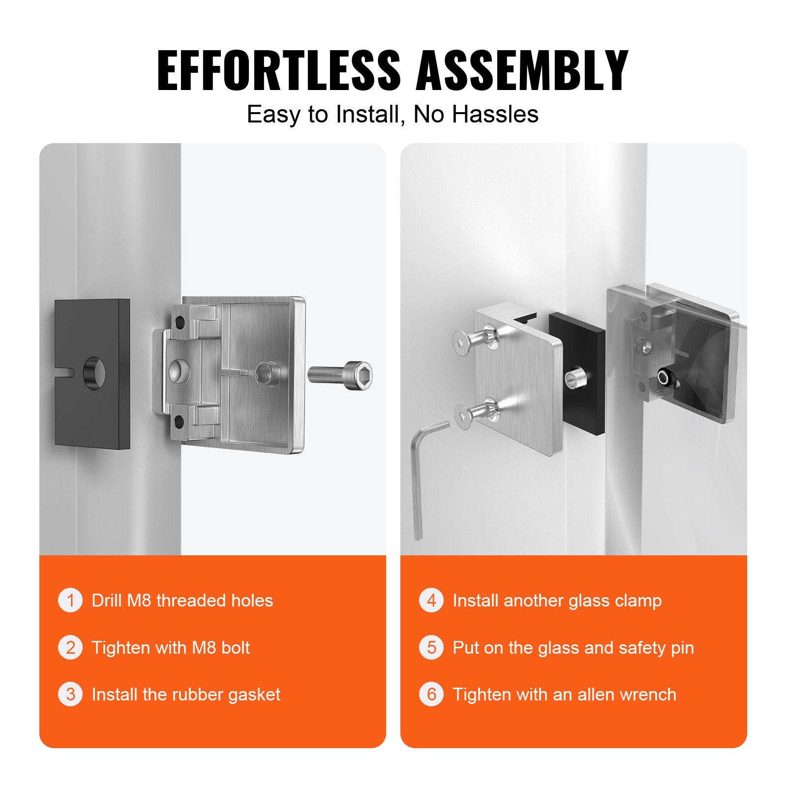 VEVOR Glass Clamp, 4 PCS Square Glass Railing Bracket for 0.31 "-0.47 " Tempered Glass, 304 Stainless Steel Glass Mounting Clamp, Glass Shelf Bracket for Balcony, Garden, Pool, Stair, Silver
